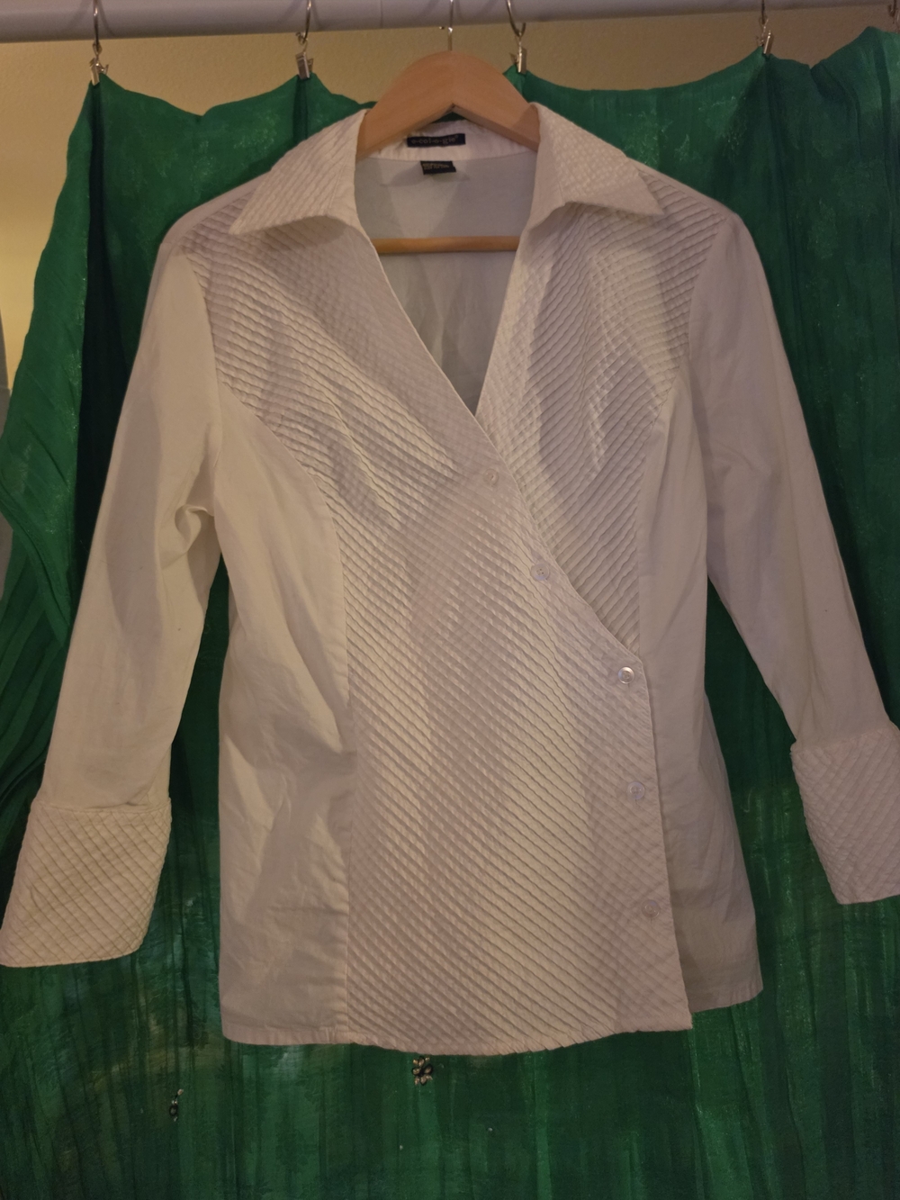 Women’s White Textured Wrap Blouse with Diagonal Pintuck